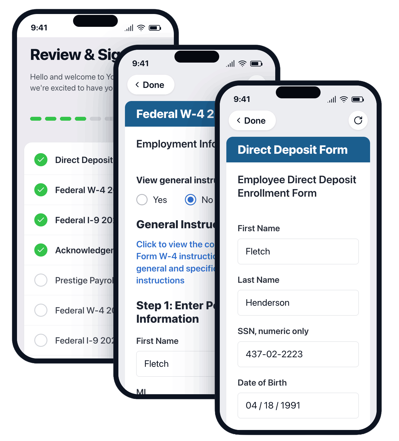 Digital onboarding on mobile — Review & Sign, Federal W-4, and Direct Deposit forms